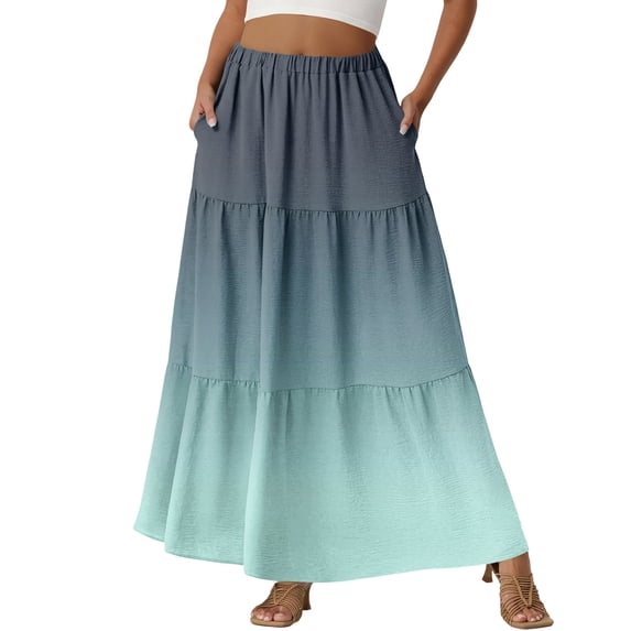 LWavelet Women Ombre Tiered Maxi Skirt Elastic High Waist With Pockets Casual Long Skirt Turquoise 2XL