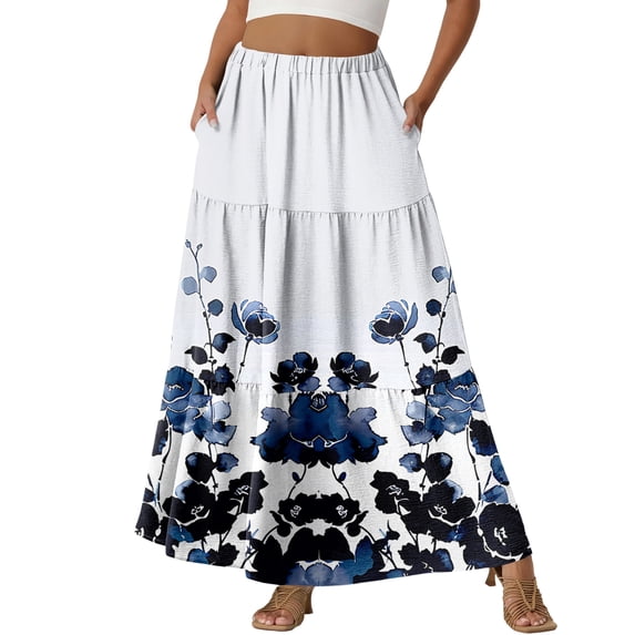 LWavelet Women Patchwork Floral Print Tiered Maxi Skirt Elastic Waist With Pockets Casual Long Skirt White L