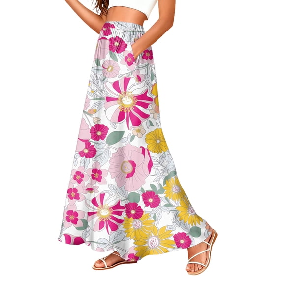 LWavelet Women Polka Dot Print Maxi Skirt Elastic Waist With Pockets Casual Summer Long Skirt Hot Pink L