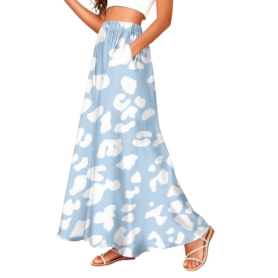 LWavelet Women Polka Dot Print Maxi Skirt Elastic Waist With Pockets Casual Summer Long Skirt Light Blue XL