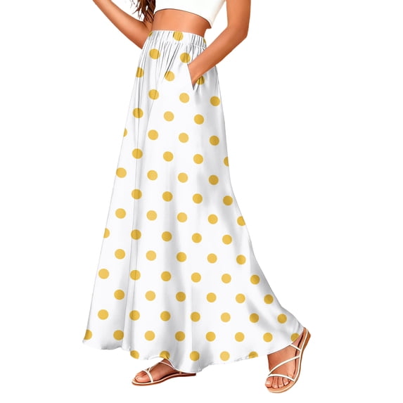 LWavelet Women Polka Dot Print Maxi Skirt Elastic Waist With Pockets Cute Summer Long Skirt Yellow XL