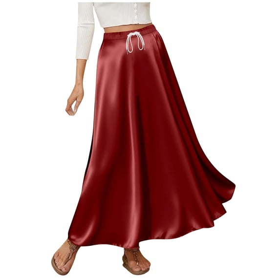 LWavelet Women Satin Flared Midi Skirt Elastic Drawstring Waist Elegant Evening Wedding Guest Skirt Wine S