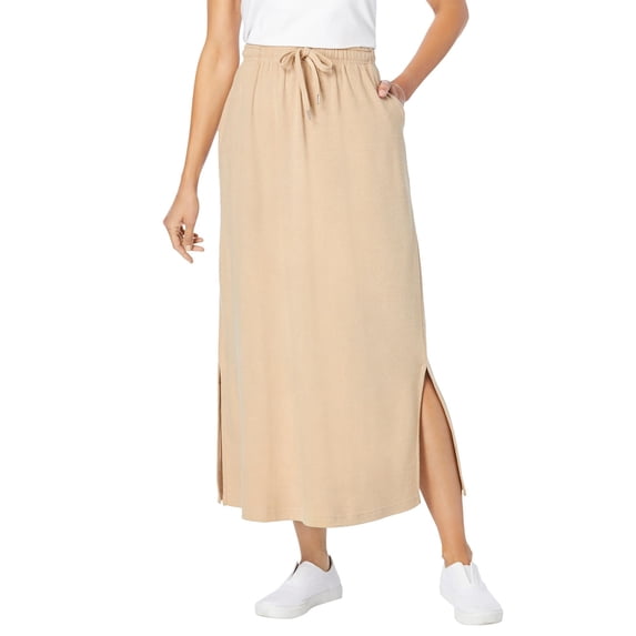 LWavelet Women Solid Midi Skirt Elastic Drawstring Waist With Pockets Side Split Casual Skirt Khaki XL