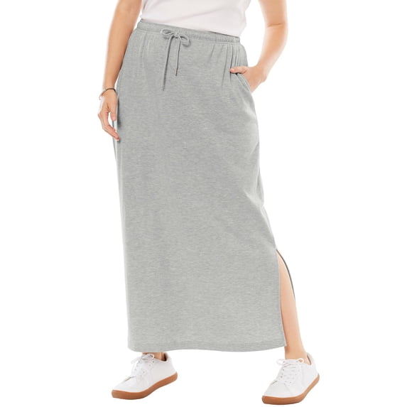 LWavelet Women Solid Midi Skirt Elastic Drawstring Waist With Pockets Side Split Casual Skirt Light Gray M