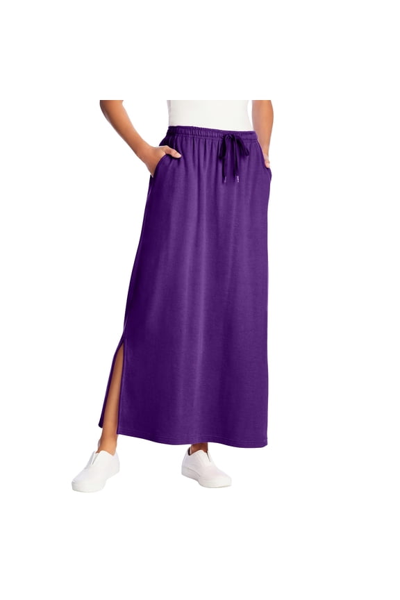 Women Solid Midi Skirt Elastic Drawstring Waist With Pockets Side Split Casual Skirt Purple 2XL