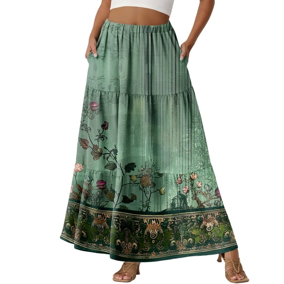 LWavelet Women Tribal Print Tiered Maxi Skirt Elastic Waist With Pockets Boho Long Skirt Army Green M