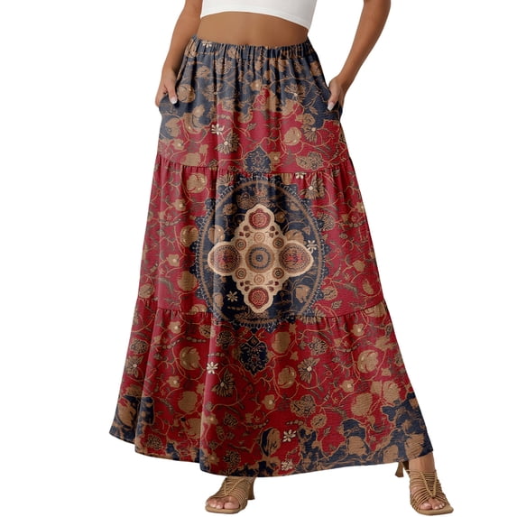 LWavelet Women Tribal Print Tiered Maxi Skirt Elastic Waist With Pockets Boho Long Skirt Wine S