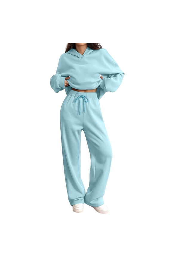 Women's 2 Piece Cropped Hoodie and Wide Leg Pants Set - Trendy Casual Outfit Mint Green 2XL