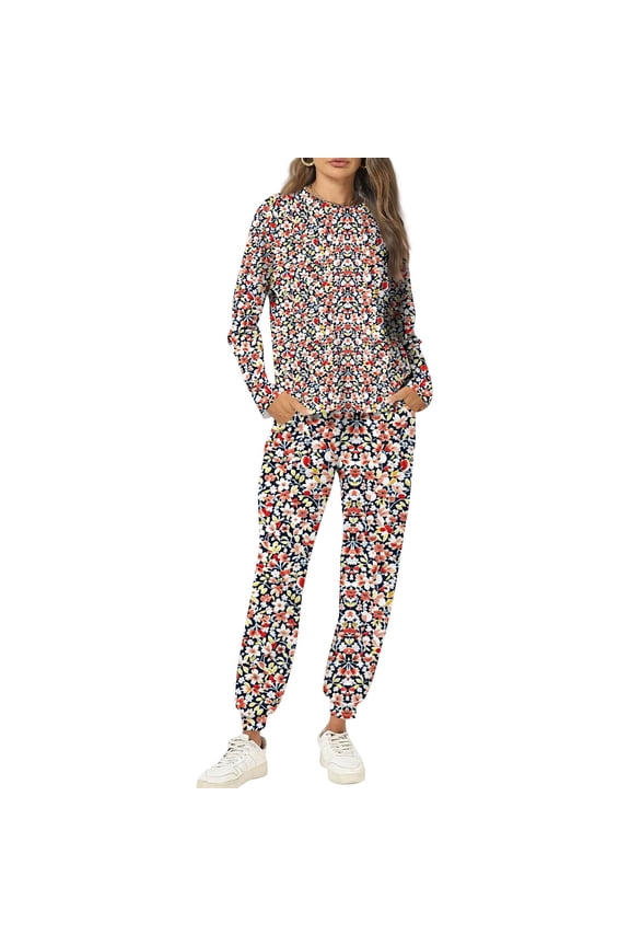 Women's 2 Piece Ditsy Floral Print Sweatshirt and Jogger Pants Set - Red Casual Outfit Watermelon Red S