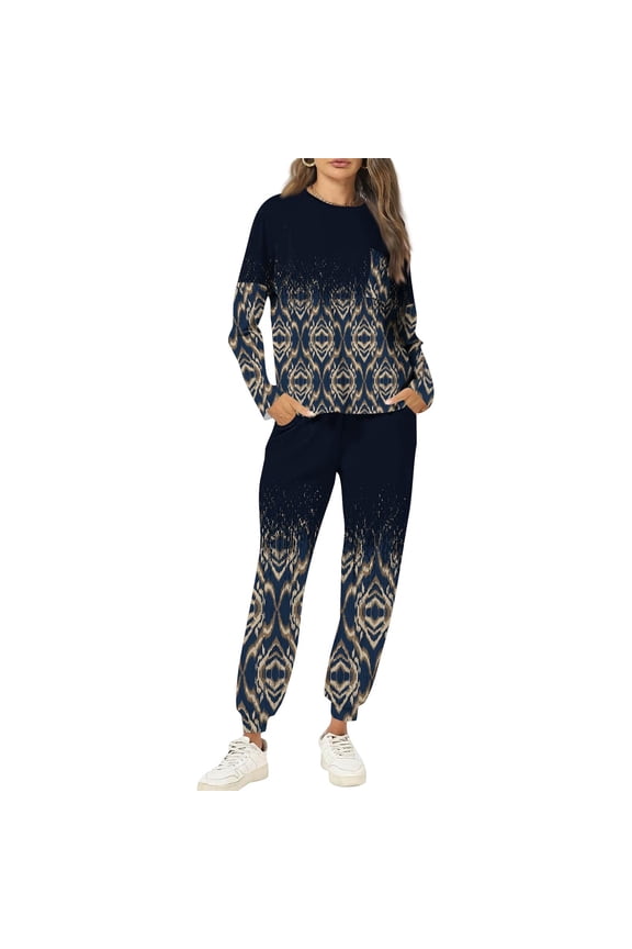 Women's 2 Piece Pink Leopard Print Sweatshirt and Jogger Pants Set - Trendy Casual Outfit Navy S