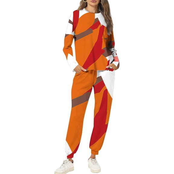 LWavelet Women's 2 Piece Pink Leopard Print Sweatshirt and Jogger Pants Set - Trendy Casual Outfit Orange S