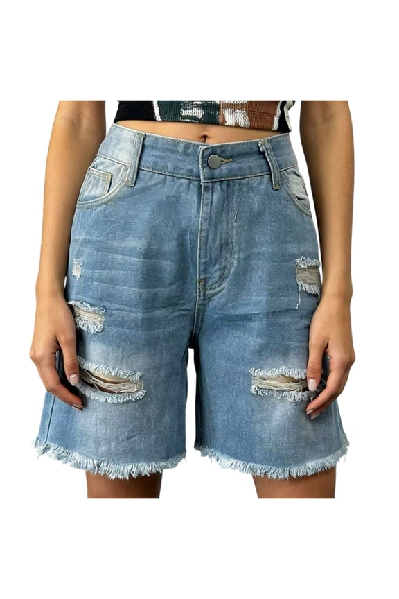 Women's Black Wash Distressed Denim Shorts, High Waist with Frayed Hem, Ripped Holes for Casual & Streetwear Light Blue 2XL