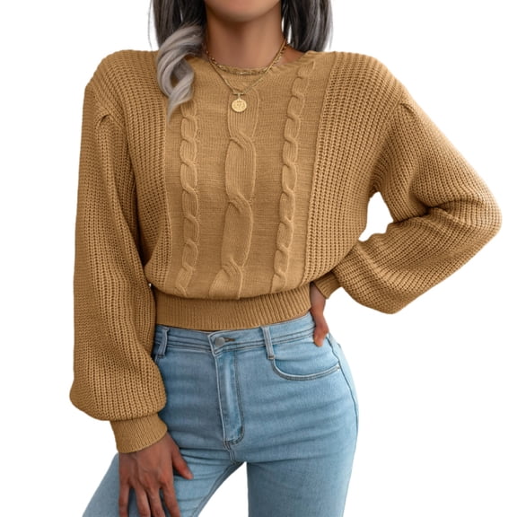 LWavelet Women's Crew Neck Cable Knit Puff Sleeve Cropped Knit Sweater Trendy Casual Top Camel M