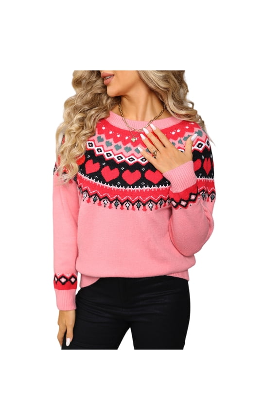 Women's Crew Neck Heart & Fair Isle Pattern Knit Sweater Valentine's Day Cozy Top Pink XL
