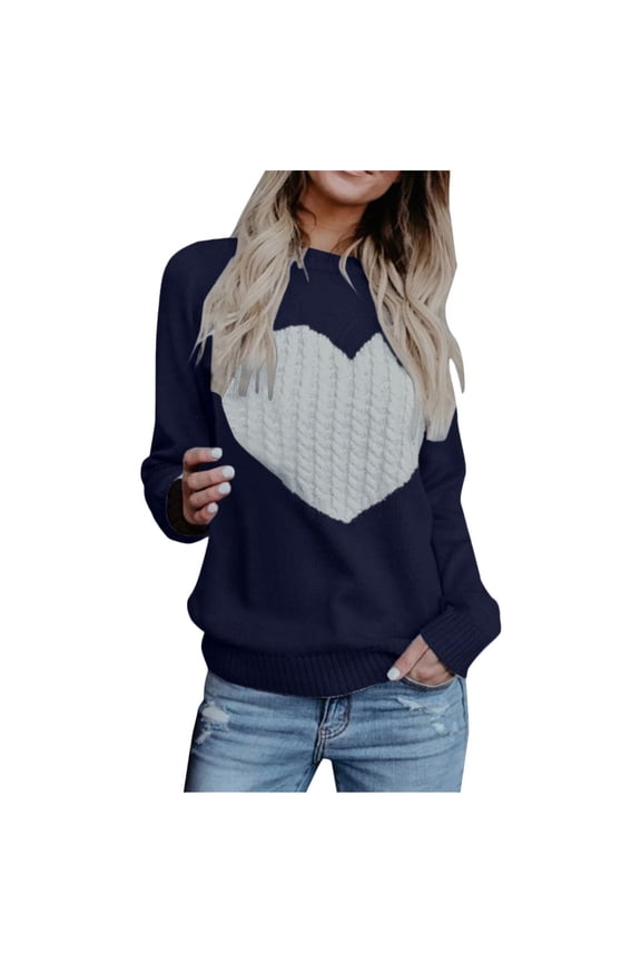 Women's Crew Neck Heart Pattern Knit Sweater Valentine's Day Cozy Top Navy S