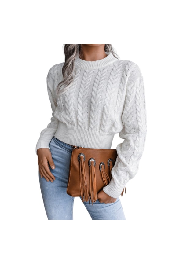 Women's Crew Neck Wheat Ear Cable Knit Cropped Knit Sweater Stylish Casual Top White S