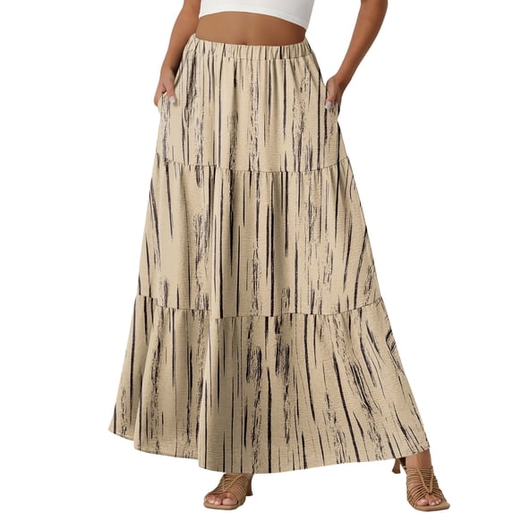 LWavelet Women's Daisy Floral Print Tiered Maxi Skirt, Elastic Waist with Pockets, Cute Spring & Mother's Day Long Skirt Khaki 2XL
