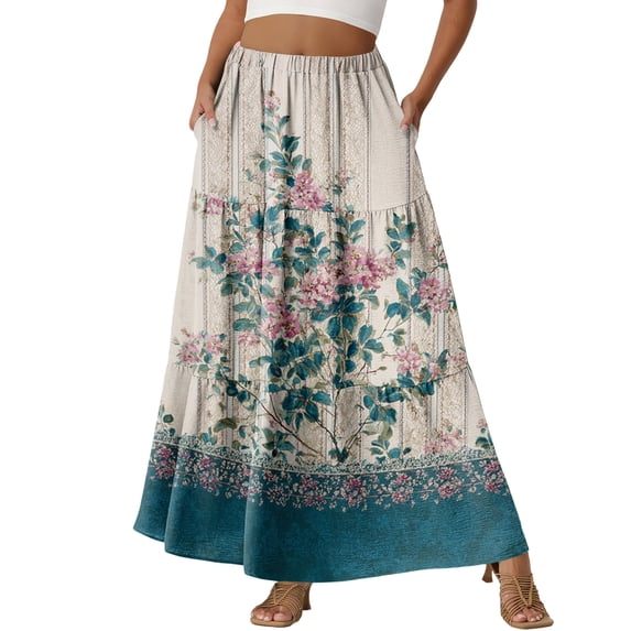 LWavelet Women's Daisy Floral Print Tiered Maxi Skirt, Elastic Waist with Pockets, Cute Spring & Mother's Day Long Skirt Light Blue M
