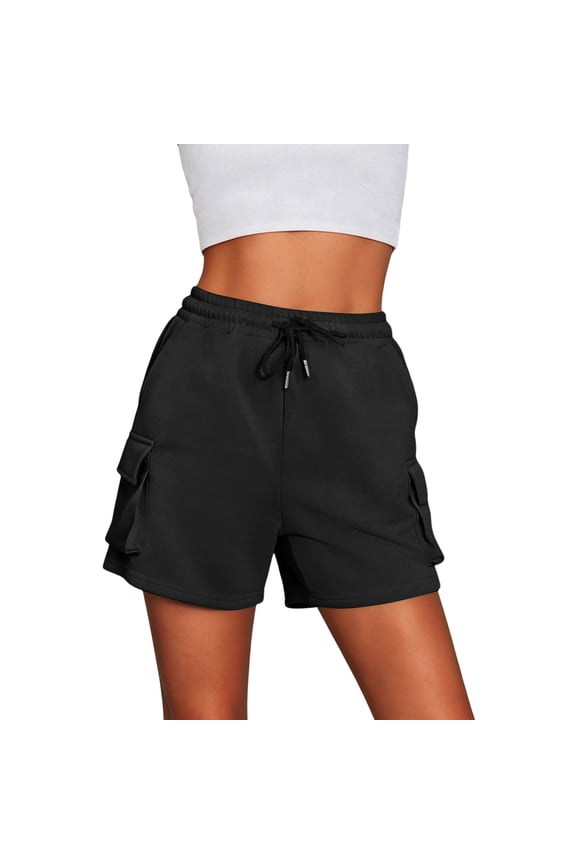 Women's Drawstring Cargo Shorts Elastic Waist Casual Summer Shorts with Side Pockets for Vacation Beach Black M