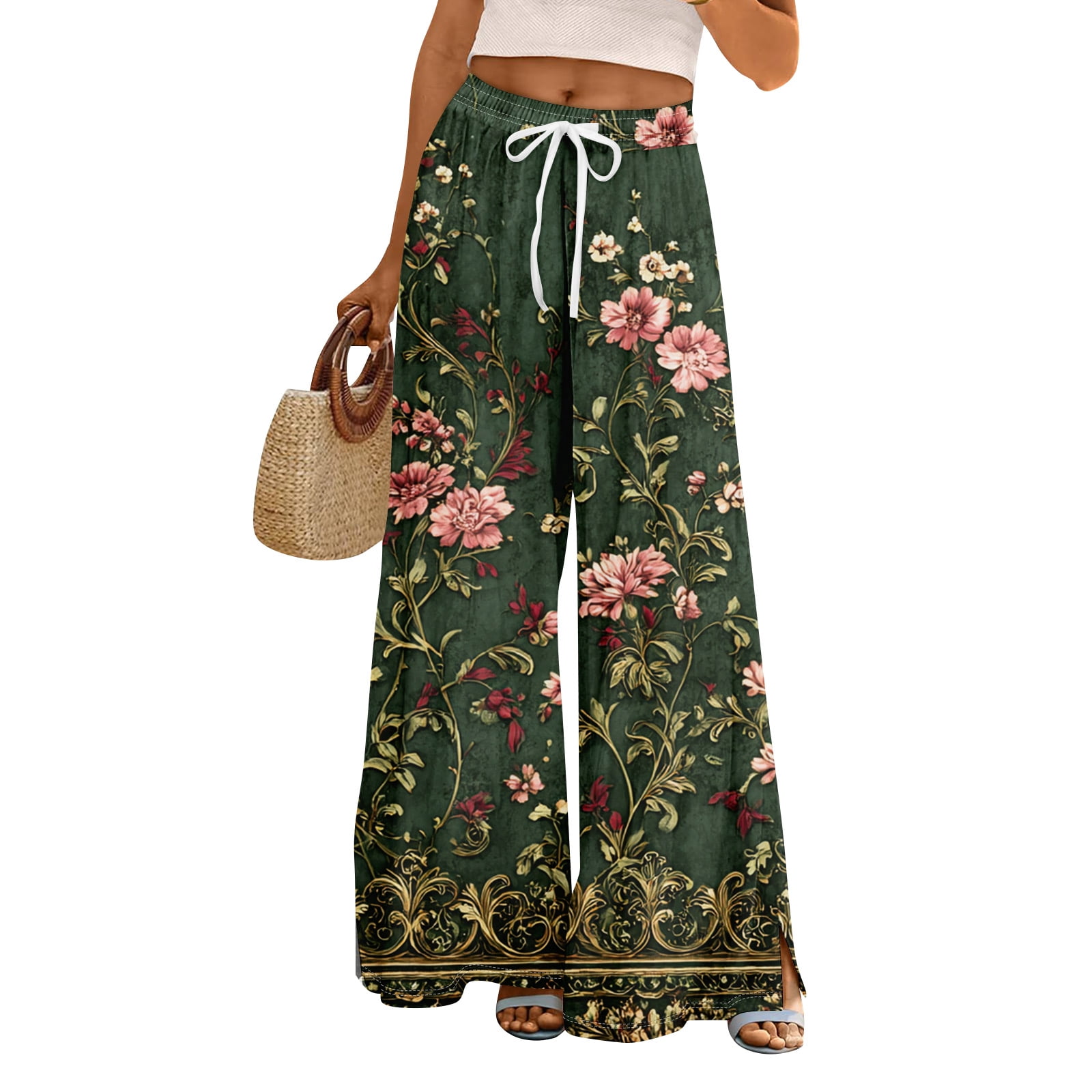 LWavelet Women's Drawstring Waist Damask Print Wide Leg Pants with ...