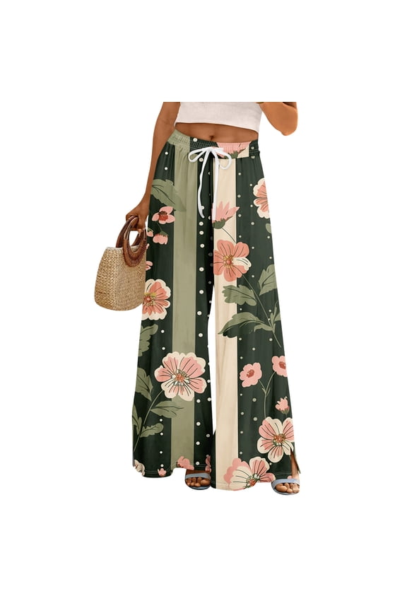Women's Drawstring Waist Leaf Print Wide Leg Pants with Split Detail for Casual & Summer Wear Army Green M