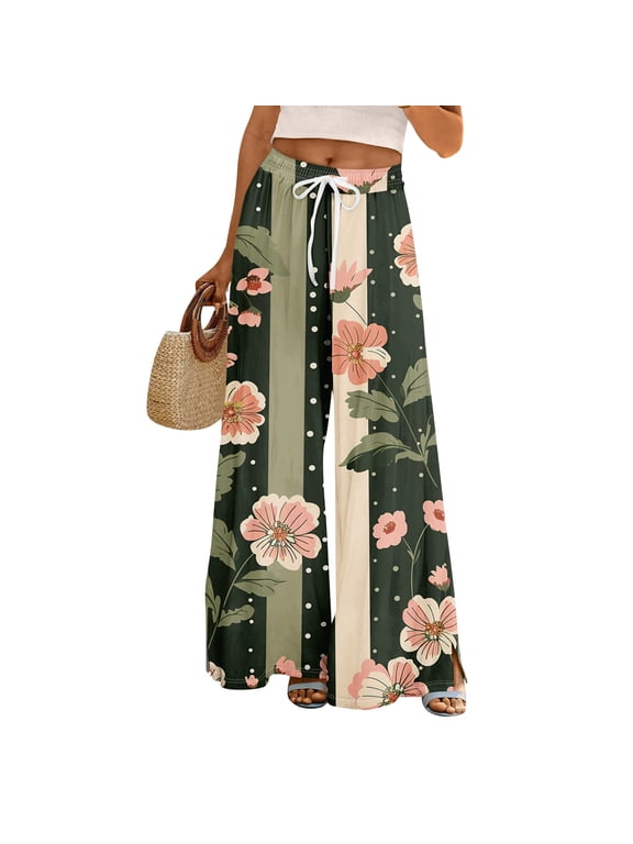Women's Drawstring Waist Leaf Print Wide Leg Pants with Split Detail for Casual & Summer Wear Army Green XL