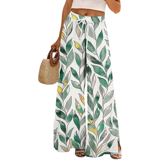 LWavelet Women's Drawstring Waist Leaf Print Wide Leg Pants with Split Detail for Casual & Summer Wear Green M