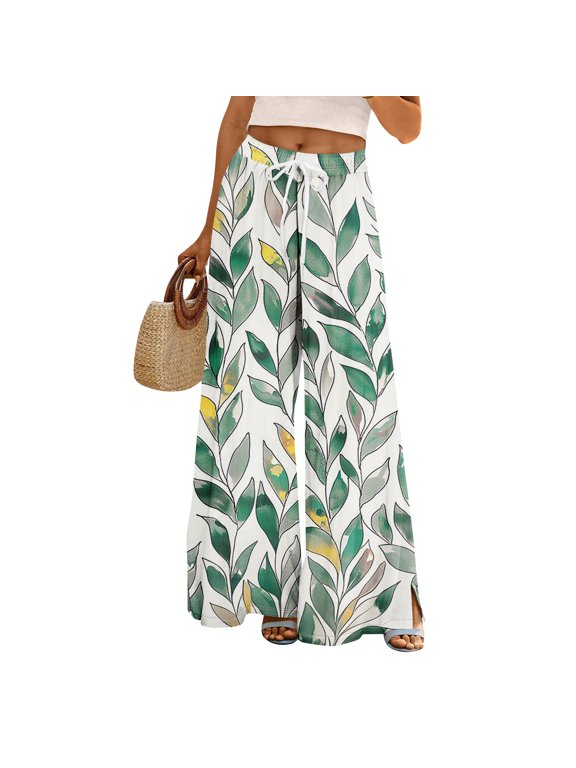 Women's Drawstring Waist Leaf Print Wide Leg Pants with Split Detail for Casual & Summer Wear Green M