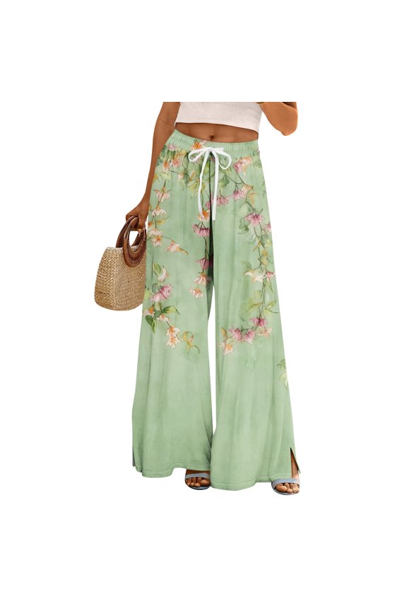Women's Drawstring Waist Leaf Print Wide Leg Pants with Split Detail for Casual & Summer Wear Light Green S