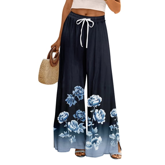 LWavelet Women's Drawstring Waist Leaf Print Wide Leg Pants with Split Detail for Casual & Summer Wear Navy 2XL