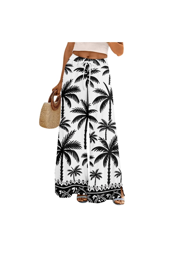 Women's Drawstring Waist Palm Tree Print Wide Leg Pants with Split Detail for Beach & Vacation Wear Gray 2XL