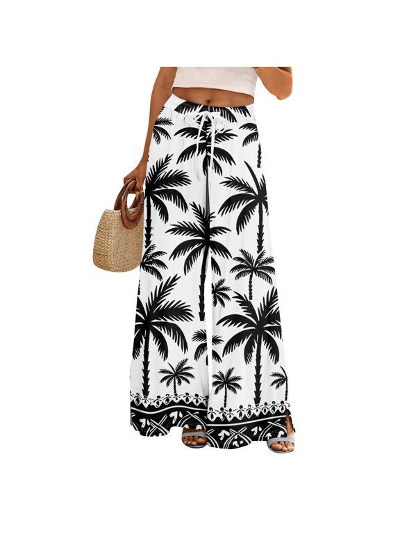 Women's Drawstring Waist Palm Tree Print Wide Leg Pants with Split Detail for Beach & Vacation Wear Gray L