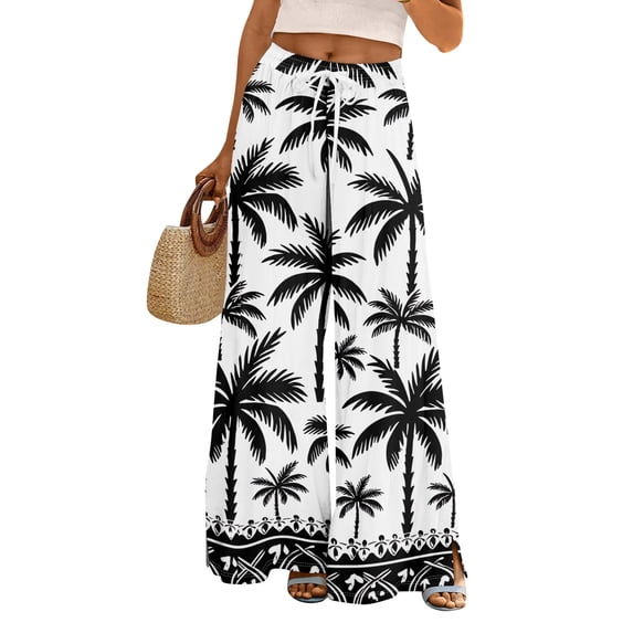 LWavelet Women's Drawstring Waist Palm Tree Print Wide Leg Pants with Split Detail for Beach & Vacation Wear Gray S