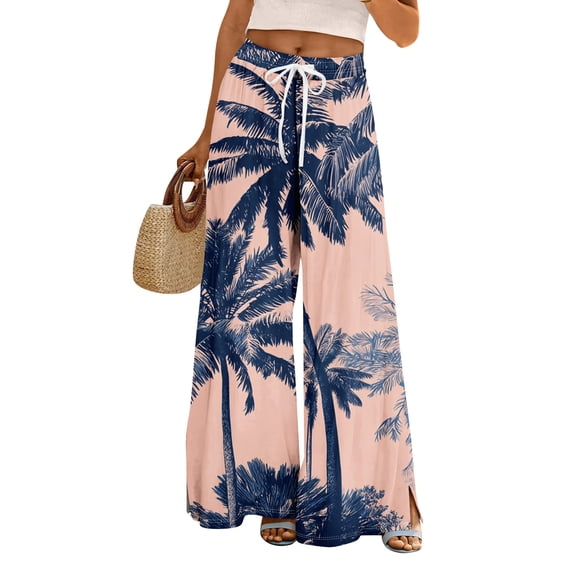 LWavelet Women's Drawstring Waist Palm Tree Print Wide Leg Pants with Split Detail for Beach & Vacation Wear Light pink L
