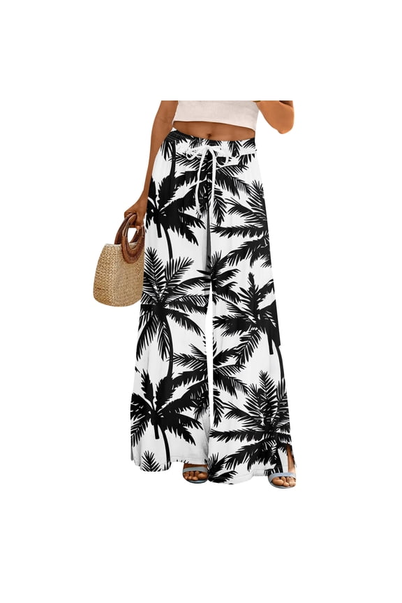 Women's Drawstring Waist Palm Tree Print Wide Leg Pants with Split Detail for Beach & Vacation Wear White XL