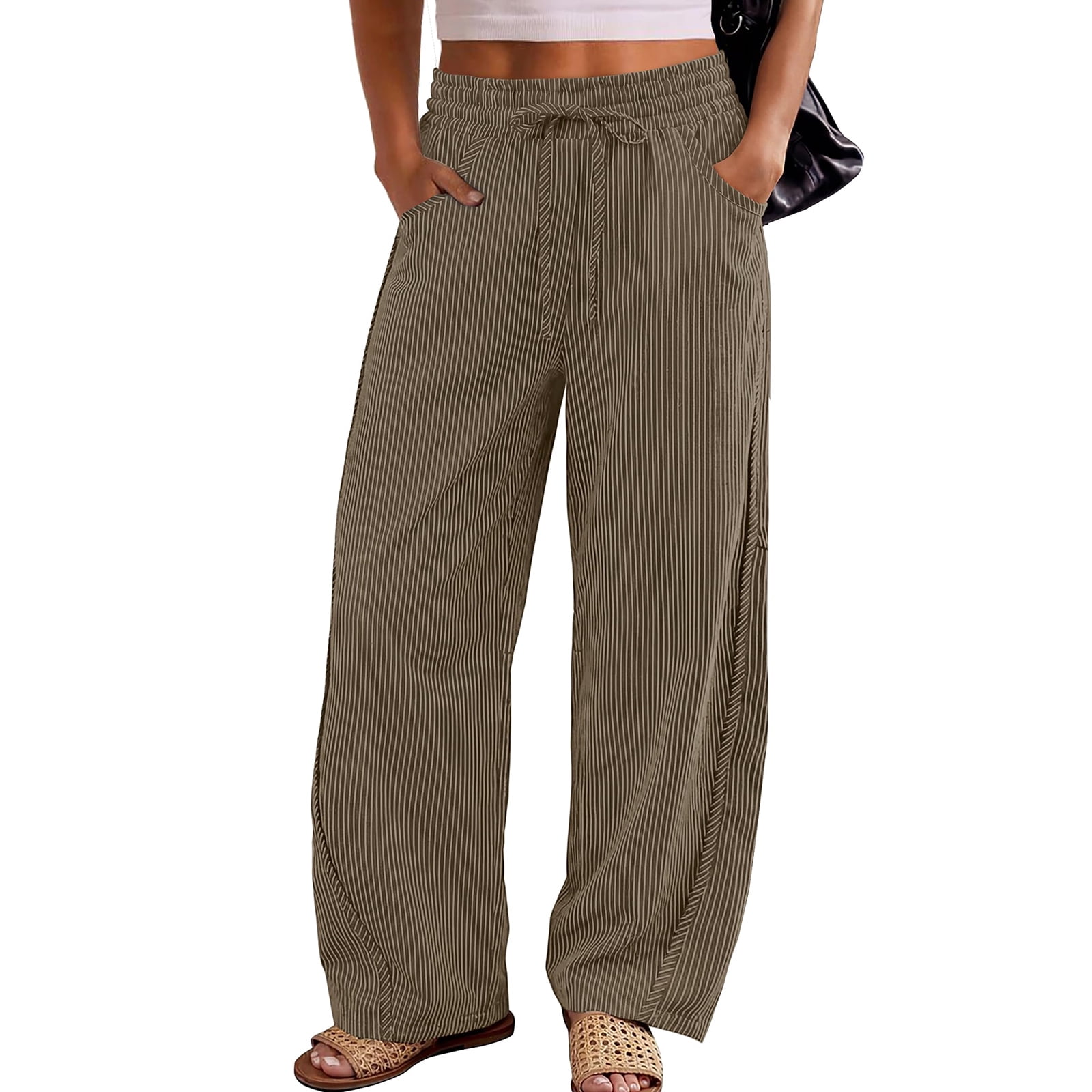 LWavelet Women's Drawstring Waist Striped Wide Leg Pants with Pockets ...