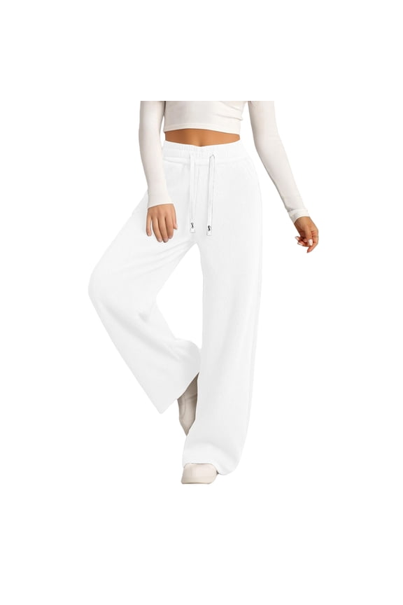 Women's Drawstring Waist Textured Wide Leg Pants with Pockets for Casual & Loungewear White S