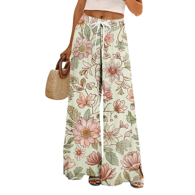 LWavelet Women's Drawstring Waist Watercolor Floral Print Wide Leg Pants with Split Detail for Casual & Boho Outfits Light Green M