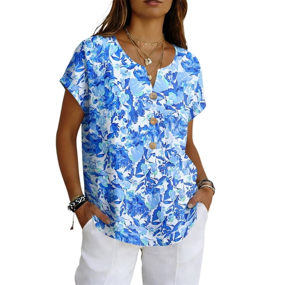 LWavelet Women's Floral Print Blouse Short Sleeve Tops Button Decor Pocketed Casual Basic Tee Light Blue XL