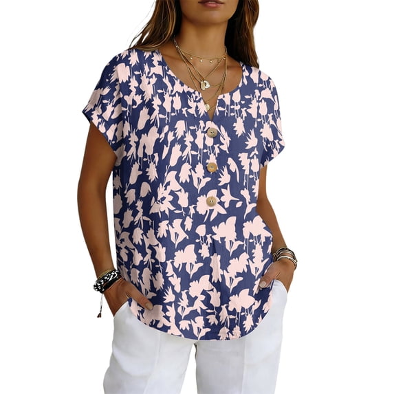 LWavelet Women's Floral Print Blouse Short Sleeve Tops Button Decor Pocketed Casual Basic Tee Purple XL