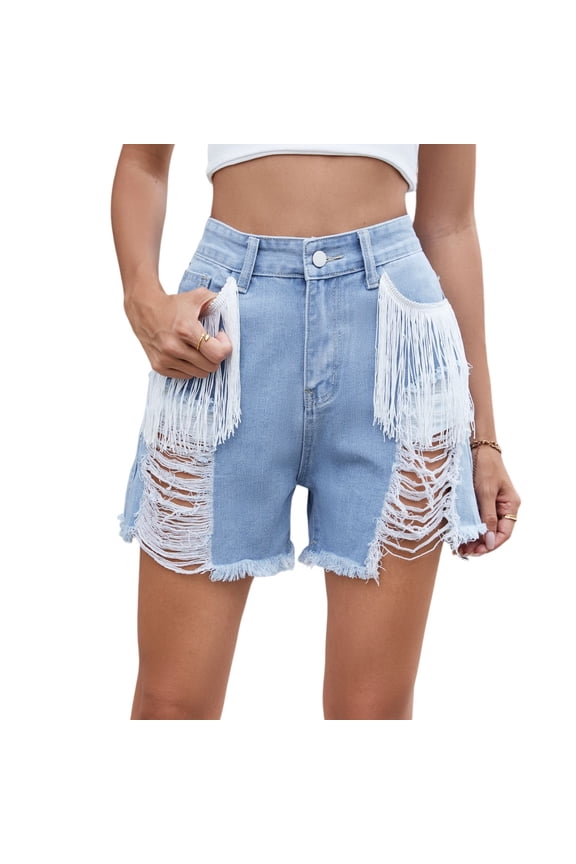 Women's Fringe Distressed Denim Shorts Fashion Streetwear Summer Shorts Blue 2XL