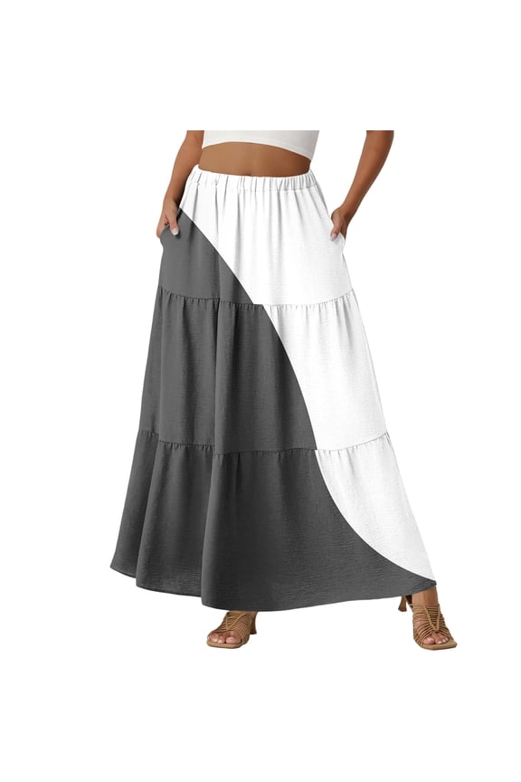 Women's Geometric Color Block Tiered Maxi Skirt, Elastic High Waist with Pockets, Casual Fall Long Skirt Light Gray 2XL