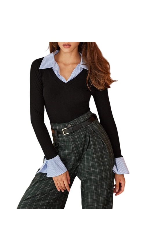 Women's Layered Look Blouse Shirt Collar & Cuff Detail Knit Long Sleeve V-Neck Top Black XL