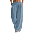 thumbnail image 1 of LWavelet Women's Linen Blend Baggy Wide Leg Pants Elastic Waist with Pockets Breathable for Casual Daily Vacation Wear Light Blue L, 1 of 5