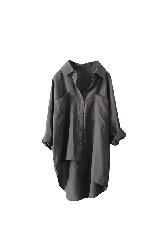 Women's Linen Oversized Long Sleeve Blouse Button Down Collared Tunic Top with Dual Pockets & High-Low Hem Gray S
