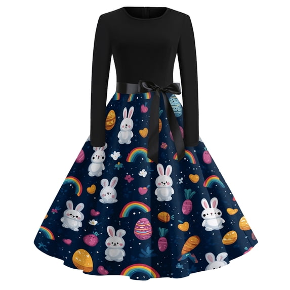 LWavelet Women's Long Sleeve Fit-and-Flare Dress, Cute Cartoon Bunny Print with Satin Bow Belt for Casual & Easter Outfits Dark Blue 4XL