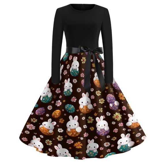 LWavelet Women's Long Sleeve Fit-and-Flare Dress, Floral Bunny & Carrot Patchwork Print with Satin Bow Belt for Casual & Easter Outfits Coffee 4XL