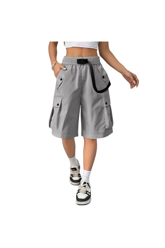 Women's Multi-Pocket Cargo Mid-Length Shorts Elastic Waist Casual Outdoor Summer Shorts Light Gray M