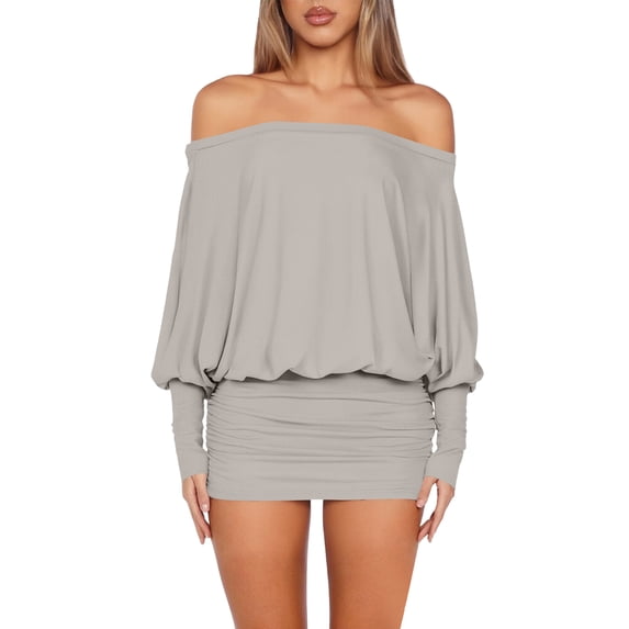 LWavelet Women's Off-the-Shoulder Batwing Sleeve Bodycon Mini Dress for Party & Club Wear Light Gray M