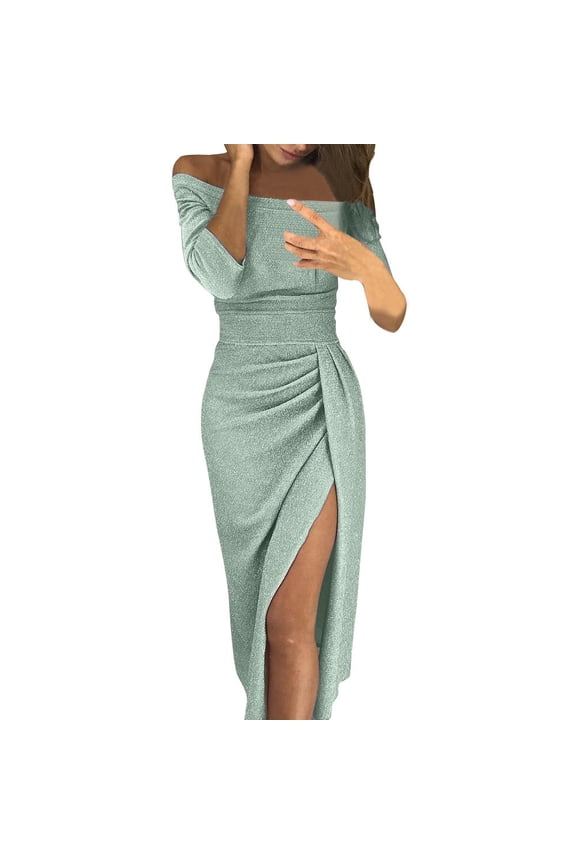 Women's Off-the-Shoulder Ruched Wrap Midi Dress with Glitter Fabric for Party & Cocktail Wear Silver XL
